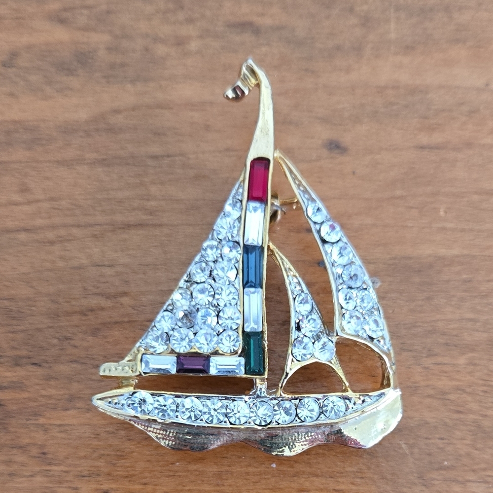 Rhinestone Sailboat Brooch